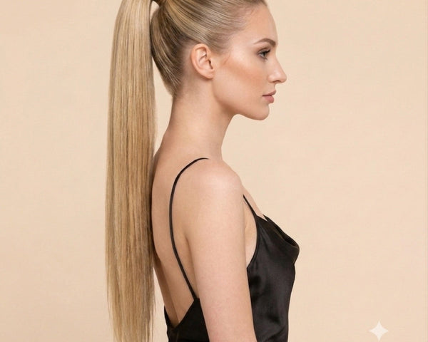Chica rubia de perfil con extensiones de coleta lisa y larga