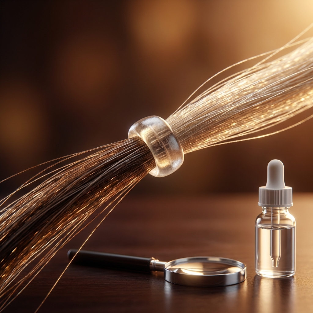 Macro de un punto de unión de queratina transparente entre una extensión y el cabello natural