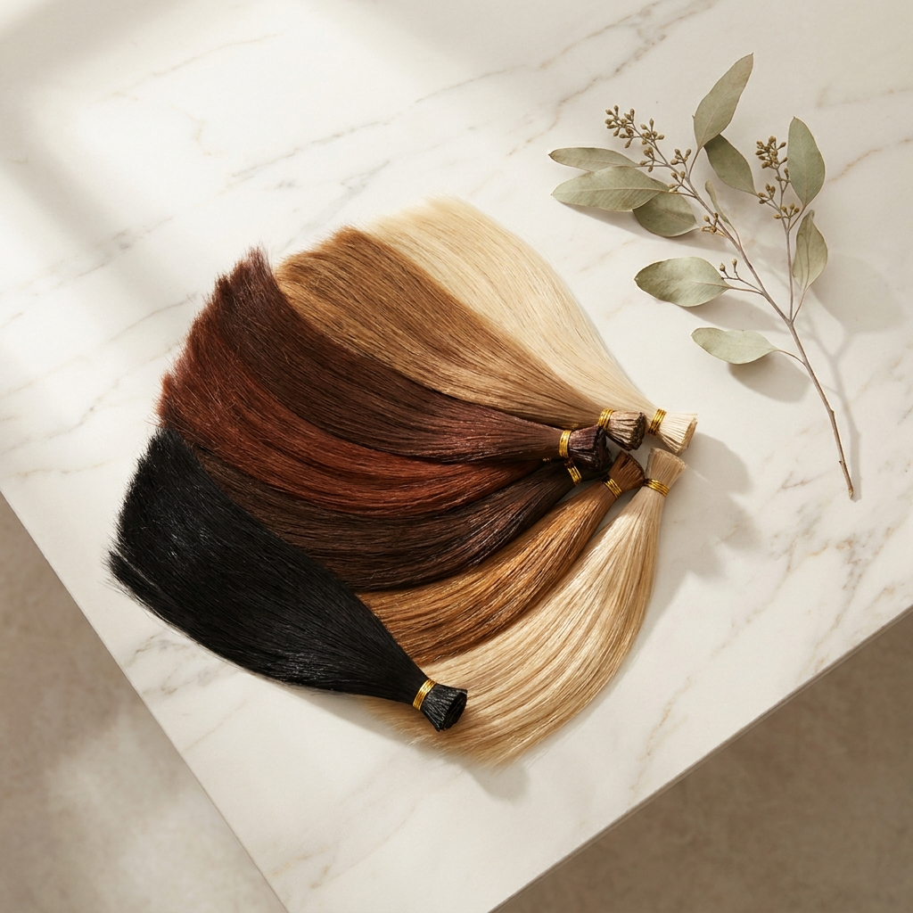Abanico de mechas de pelo natural en veinte tonos, del negro al rubio platino, sobre mármol crema