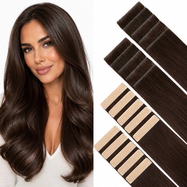 Melena castaña con extensiones adhesivas de pelo natural