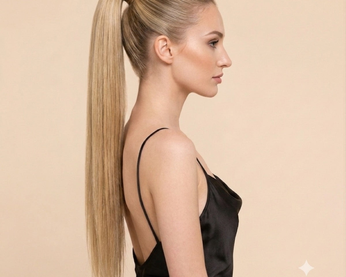 Chica rubia de perfil con extensiones de coleta lisa y larga