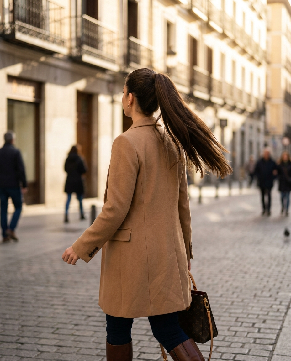 Mujer de espaldas caminando por la calle con una coleta alta muy larga color chocolate