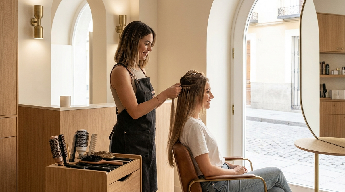 Estilista profesional colocando extensiones adhesivas a una clienta en un salón de peluquería