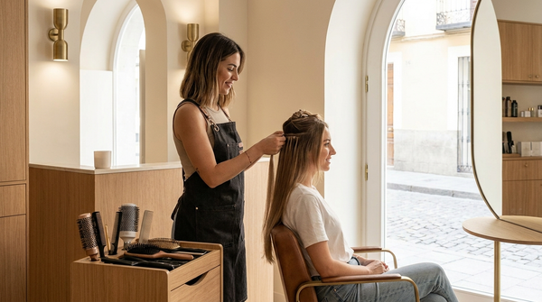 Estilista profesional colocando extensiones adhesivas a una clienta en un salón de peluquería