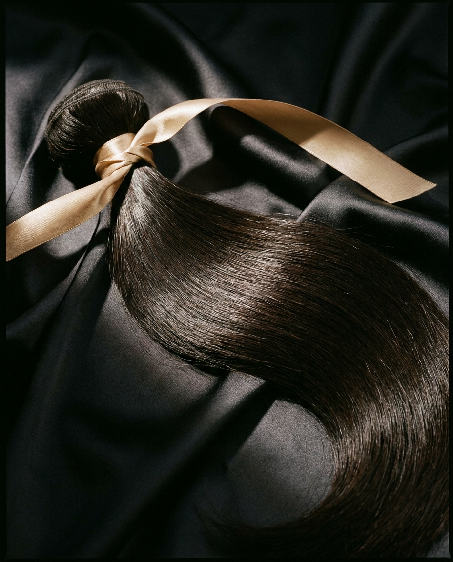 Mechón de cabello virgen premium color espresso sobre seda gris con lazo dorado